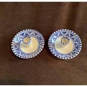 2 pottery candlestick holders blue & white